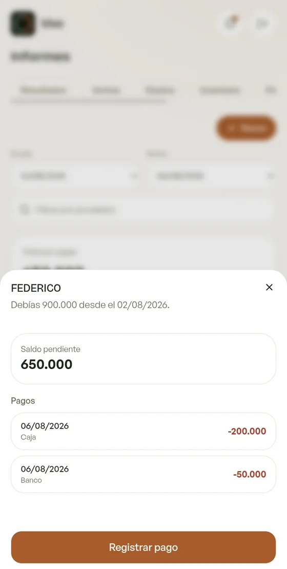 Historial de abonos de una cuenta con su saldo pendiente