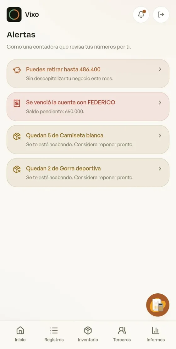 Pantalla de alertas con cuentas vencidas y productos con poco stock