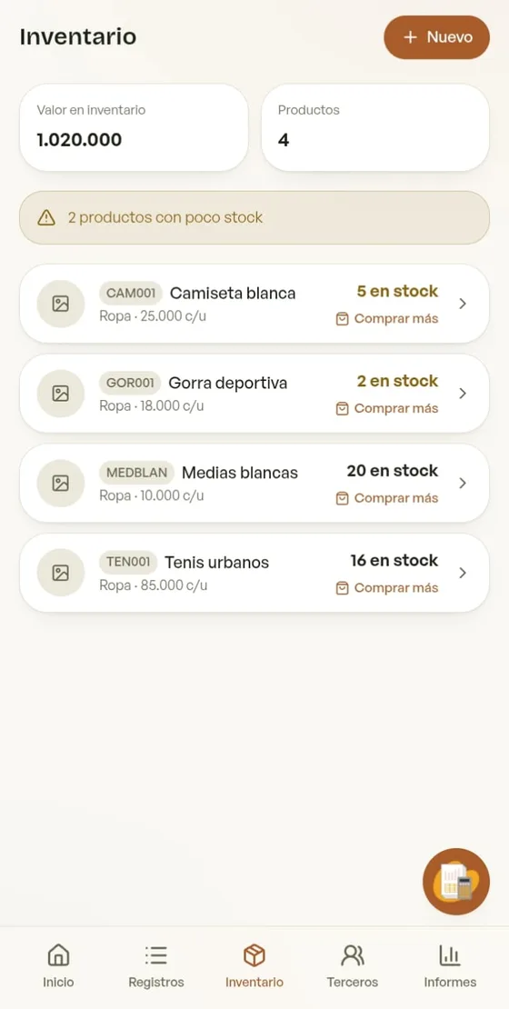 Lista de inventario con existencias y valor total