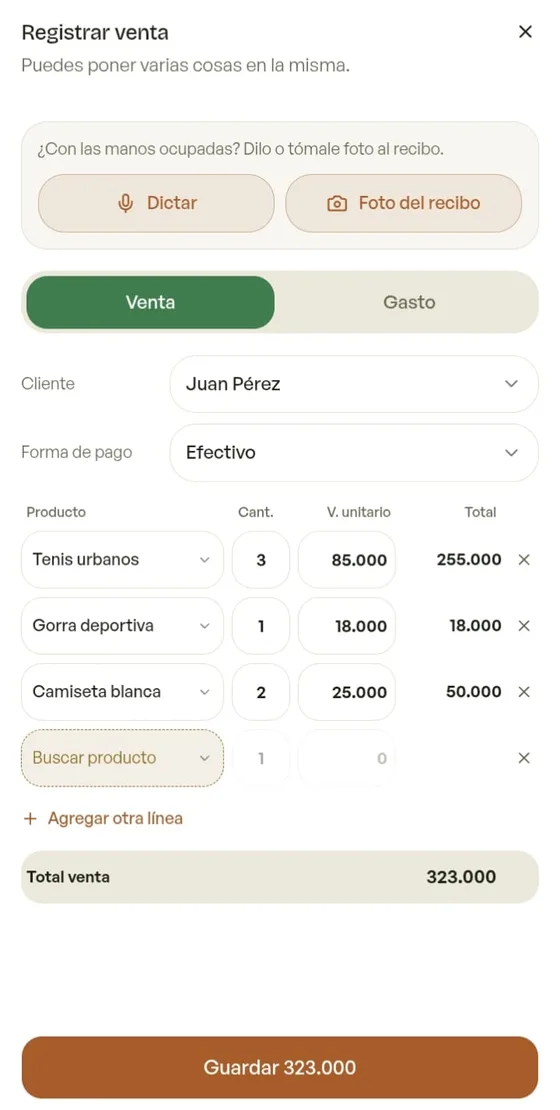 Formulario de venta con varios productos